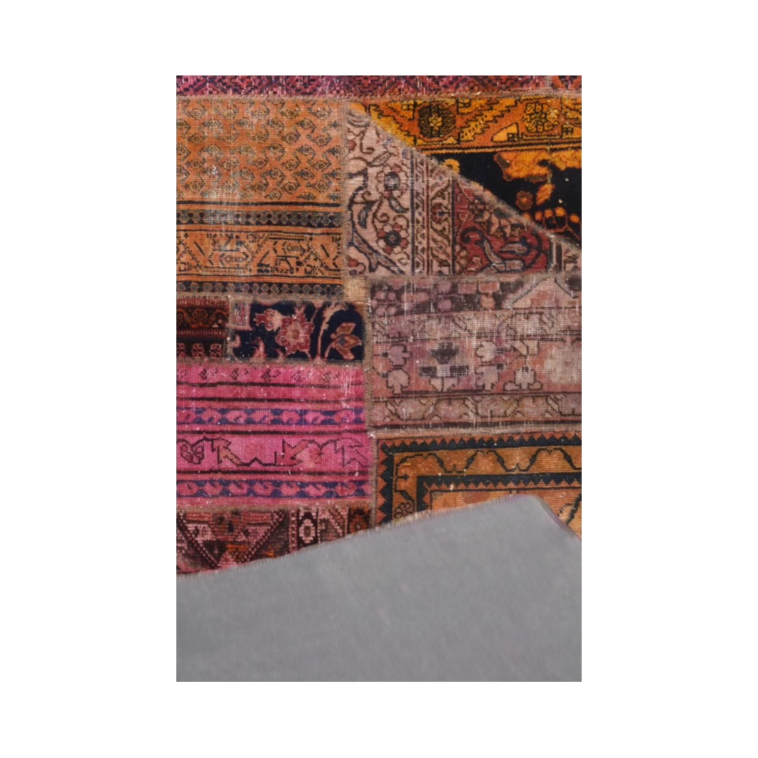 Vintage Persian Hand-Knotted Patchwork Carpet Geometric Pink