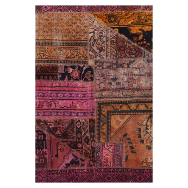 Vintage Persian Hand-Knotted Patchwork Carpet Geometric Pink