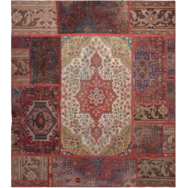 Vintage Persian Hand-Knotted Patchwork Carpet Toranj Red