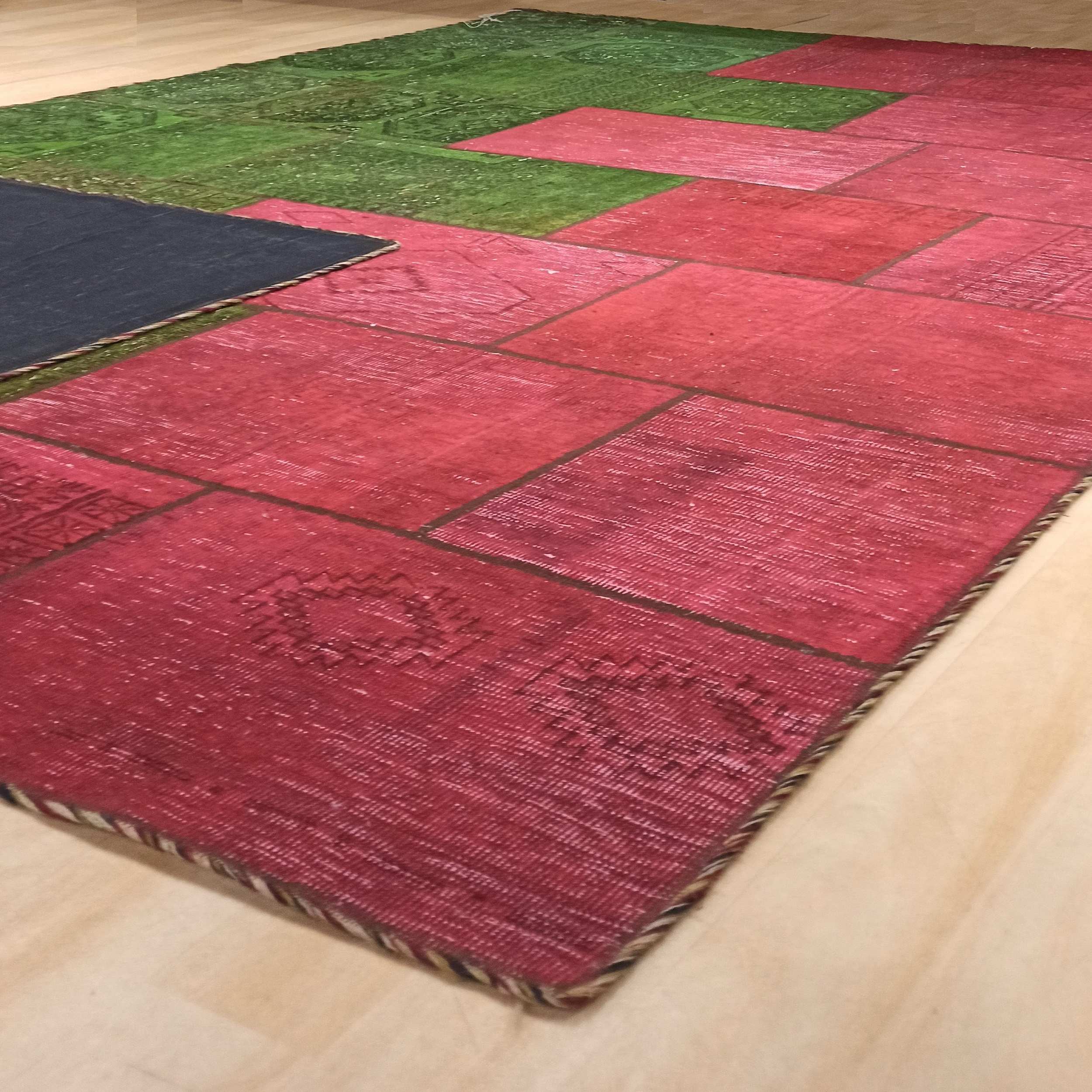 Vintage Persian Hand-Knotted Patchwork Carpet Pink & Green