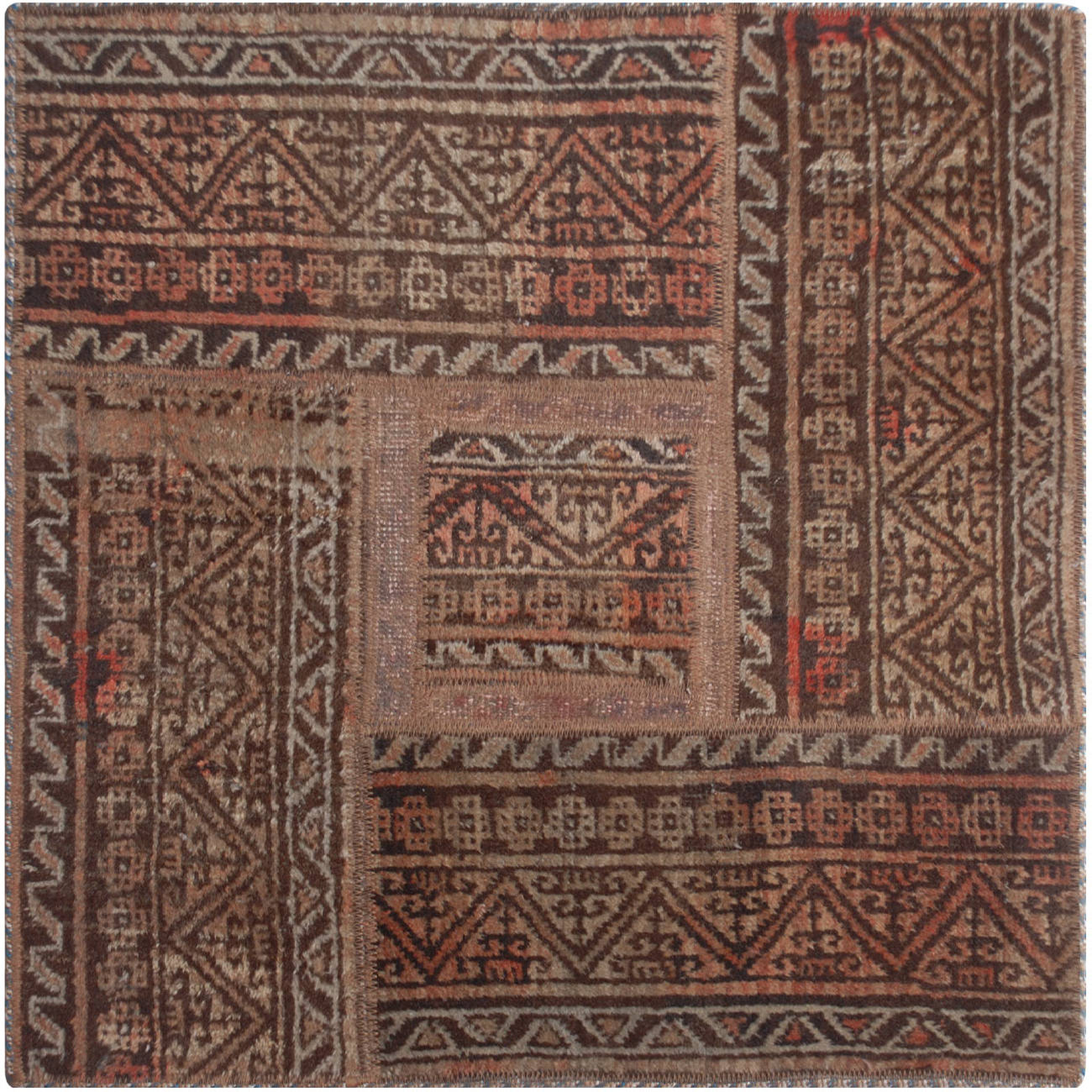 Vintage Persian Hand-Knotted Patchwork Carpet Square Brown