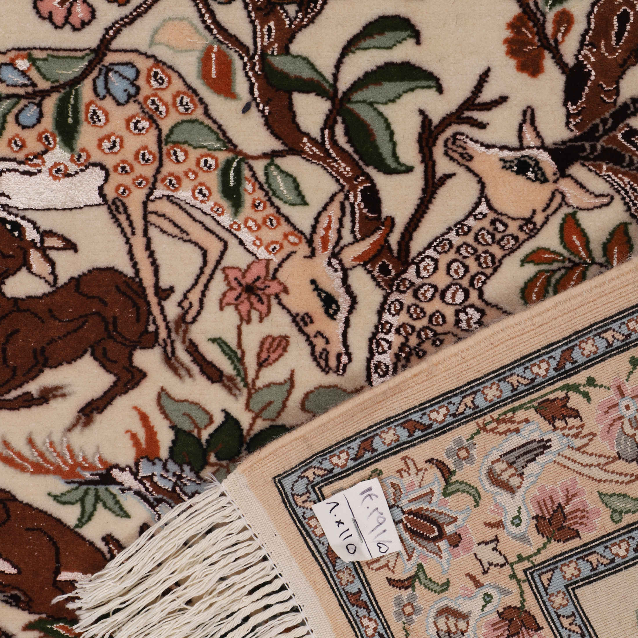 Persian Silk Carpet Hand-Knotted in Isfahan Deer & Birds Cream