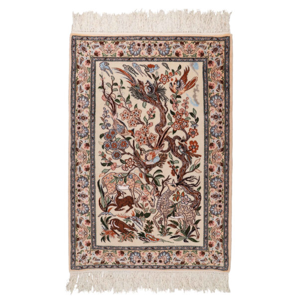 Persian Silk Carpet Hand-Knotted in Isfahan Deer & Birds Cream