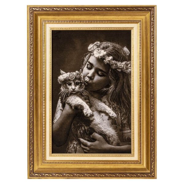 Hand-Knotted Persian Pictorial Rug from Tabriz Depicting Girl & Cat