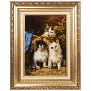 Persian Silk Carpet Wall Art Hand-Knotted Three Kittens in Tabriz