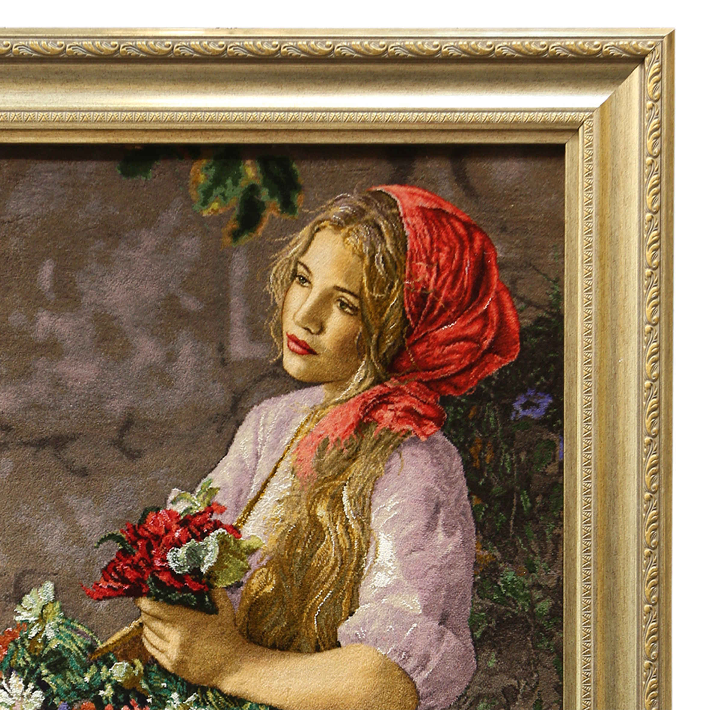 Hand-Knotted Persian Pictorial Rug from Tabriz Depicting Girl With Flowers