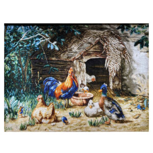 Persian Silk Carpet Wall Art Hand-Knotted in Tabriz Chickens & Ducks