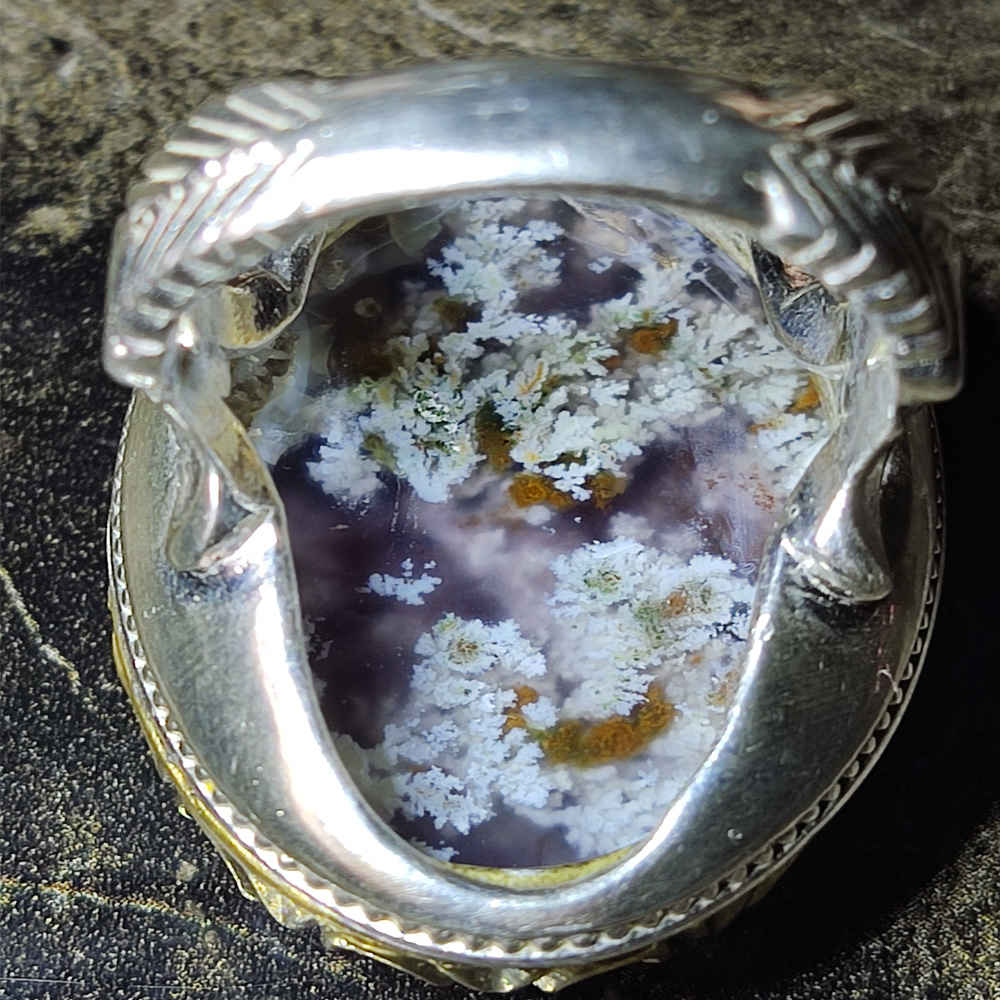 Persian Dendritic Agate Shajar Silver Ring for Men Blossom