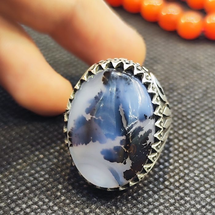 Persian Dendritic Agate Shajar Silver Ring for Men Fatima