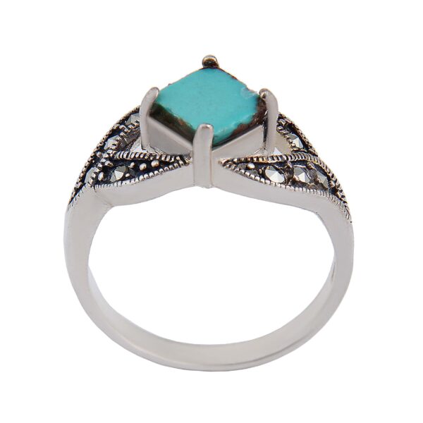 Persian Neyshabur Turquoise Silver Ring Handcrafted for Women Rhodium Plated