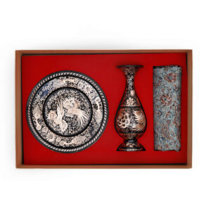 Treasured Persian Artisanal Gift Set Engraved Copper Plate & Vase