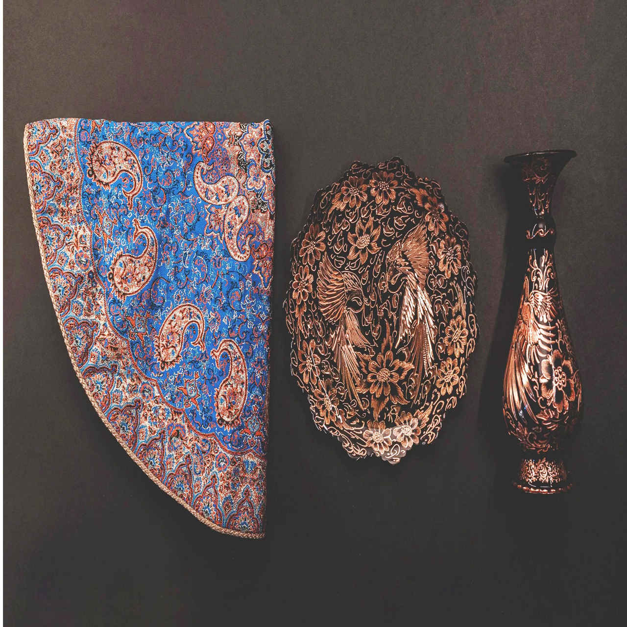 Treasured Persian Artisanal Gift Set Engraved Copper Plate & Vase