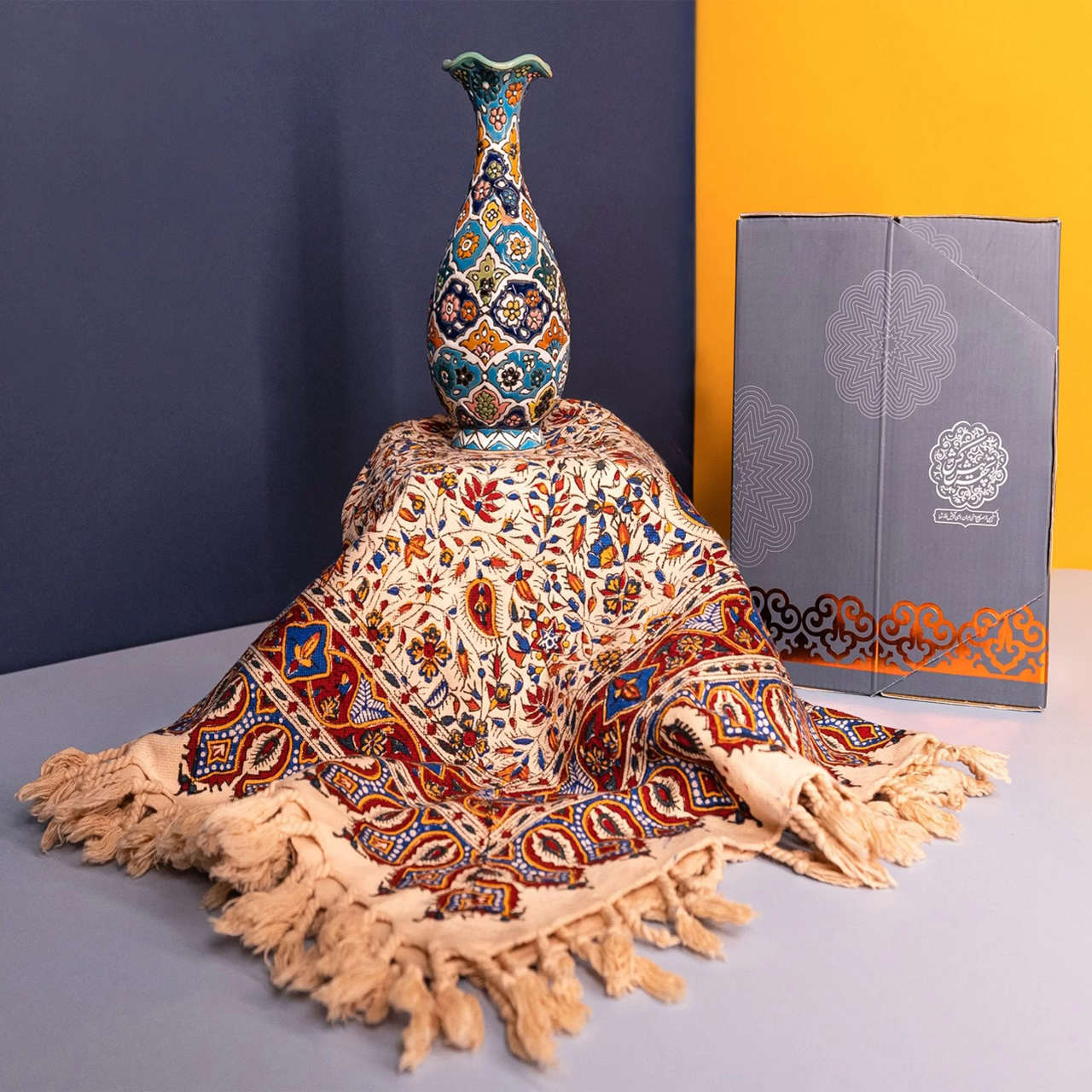 Treasured Persian Artisanal Gift Set Minakari Vase & Tablecloth