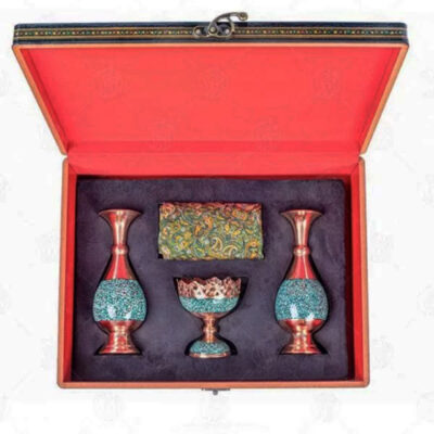 Treasured Persian Artisanal Gift Set Turquoise Inlay Vases & Fruit Bowl