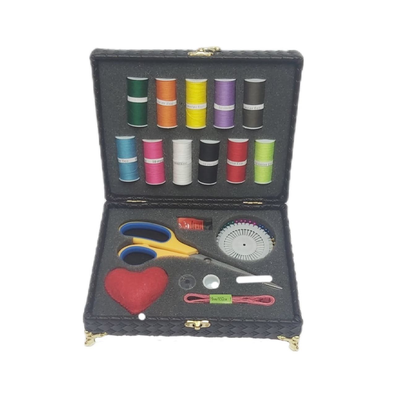 Wooden Sewing Kit Organizer with Faux Leather Accent
