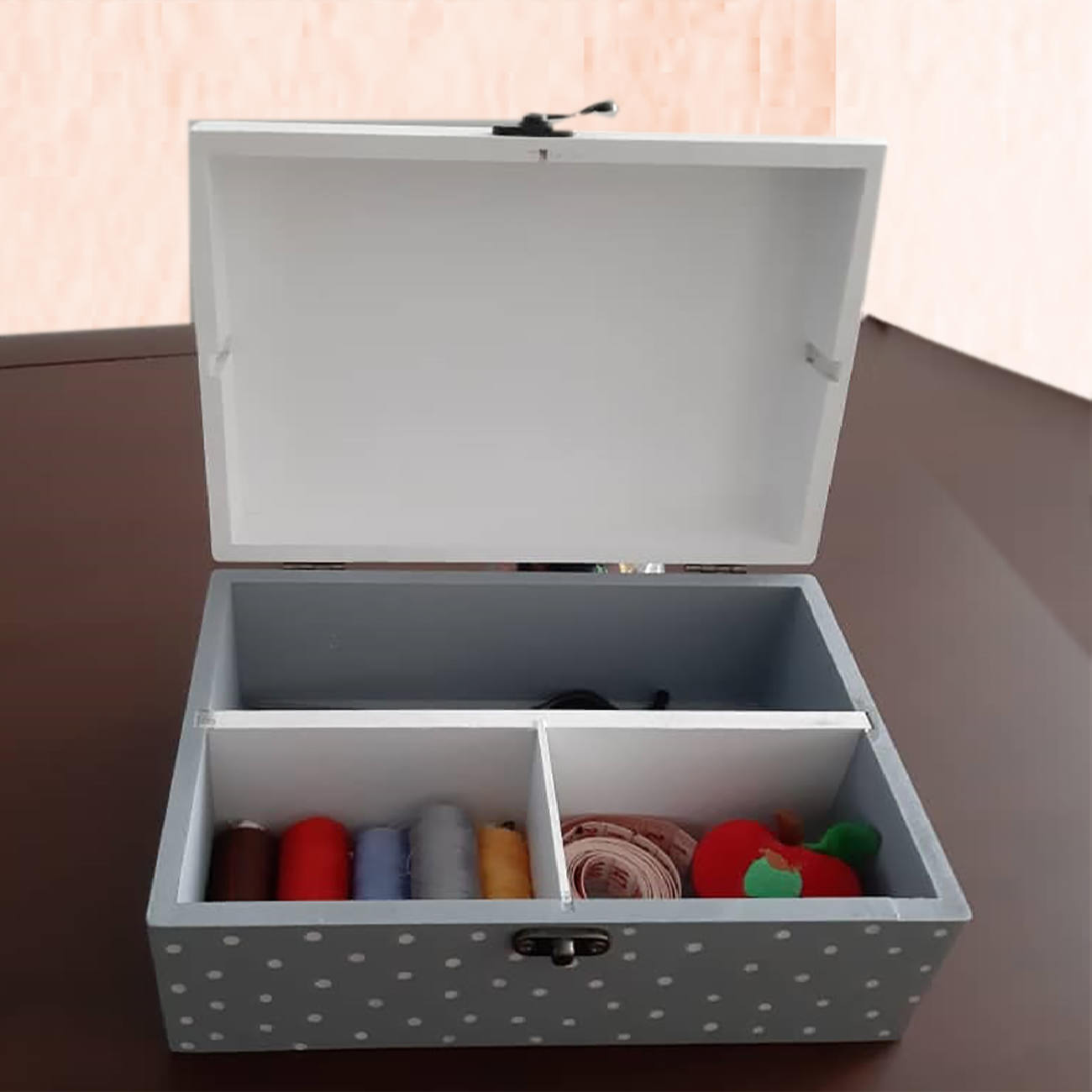 Wooden Sewing Box with 3 Compartments in Gray