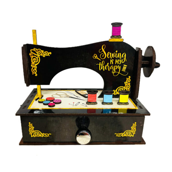 Wooden Sewing Box Featuring Sewing Machine Design