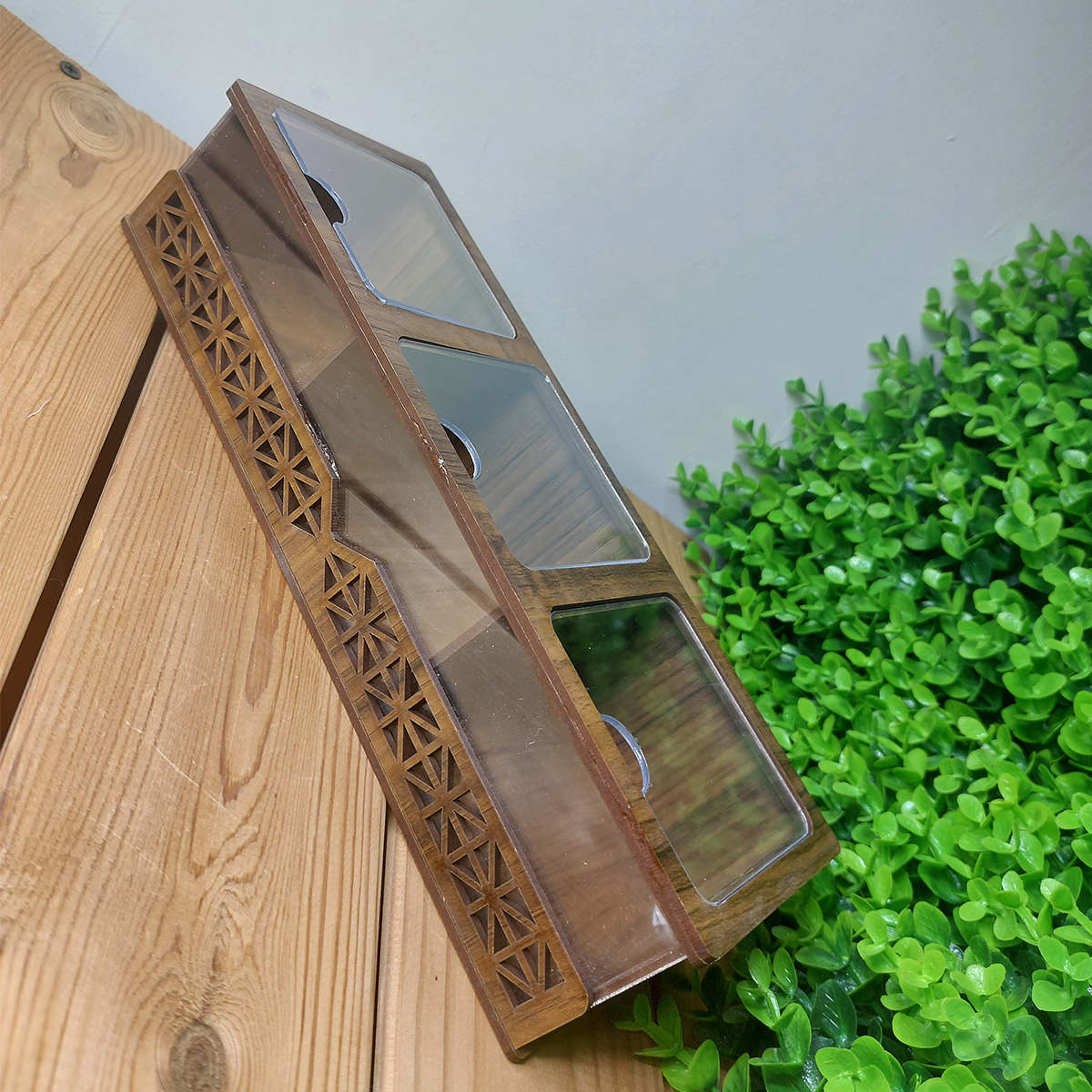 Compact Tea Organizer with 3 Storage Sections – Wood Finish