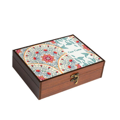 Wooden Tea Bag Organizer Box 4-Compartment Traditional Print