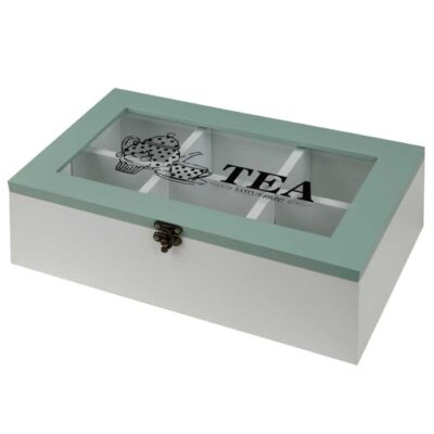 Wooden Tea Bag Organizer Box 6-Compartment Turquoise & White