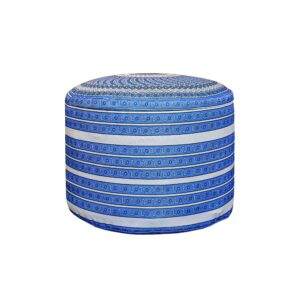 Artisanal Round Pouf in Fabric White & Blue