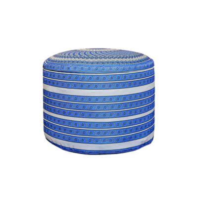 Artisanal Round Pouf with White & Blue Fabric