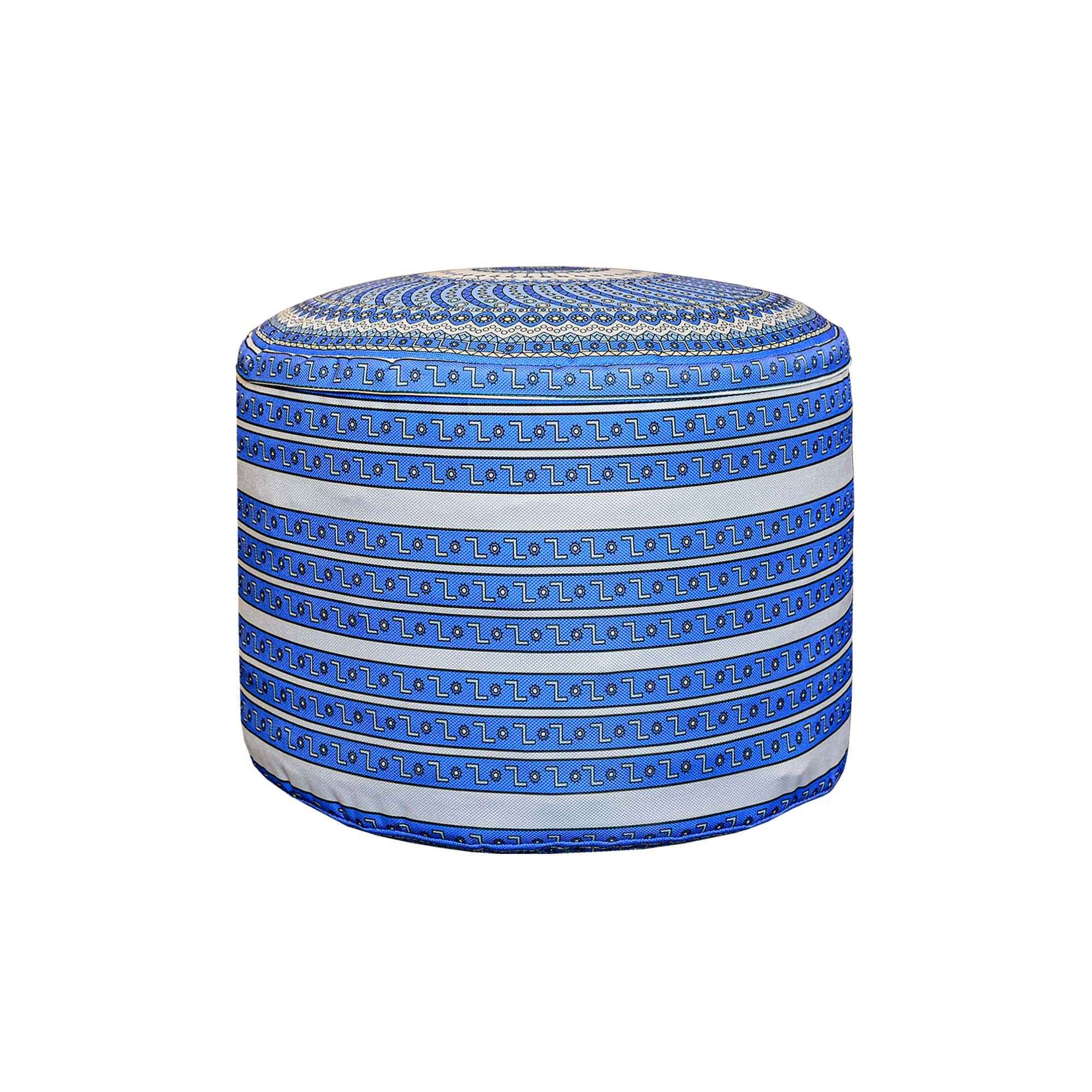 Artisanal Round Pouf with White & Blue Fabric