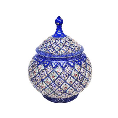 Handcrafted Persian Copper Sugar Bowl with Lid – Minakari Enameled Blue