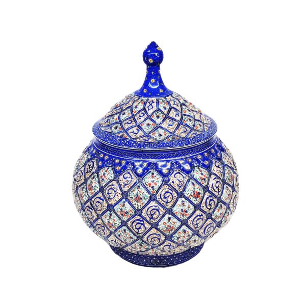Handcrafted Persian Copper Sugar Bowl with Lid - Minakari Enameled Blue