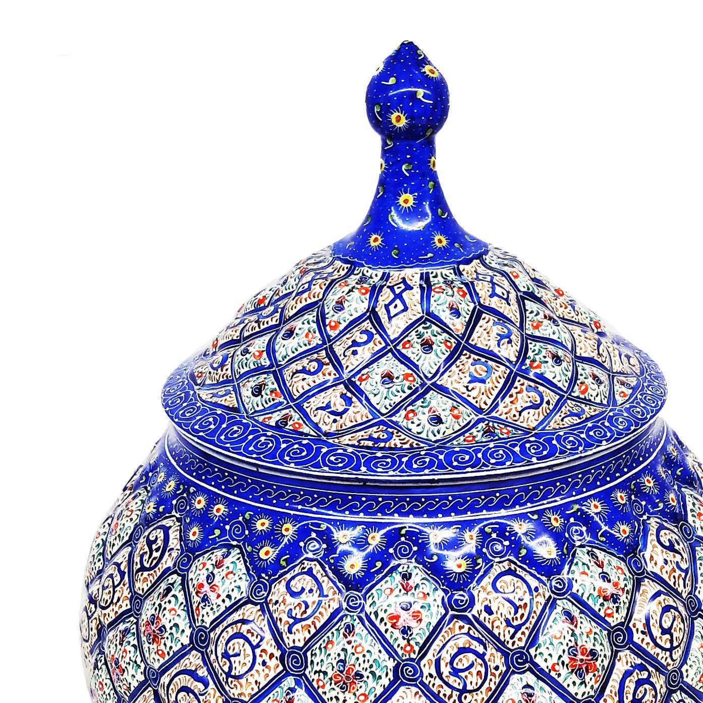 Handcrafted Persian Copper Sugar Bowl with Lid – Minakari Enameled Blue