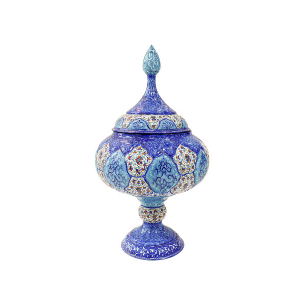 Handcrafted Persian Copper Sugar Bowl with Lid - Minakari Enameled Blue