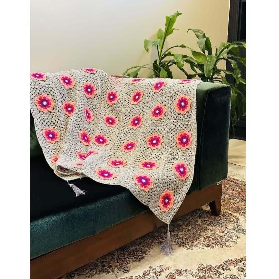 Crochet Throw for Sofa and Bed Floral Bohemian