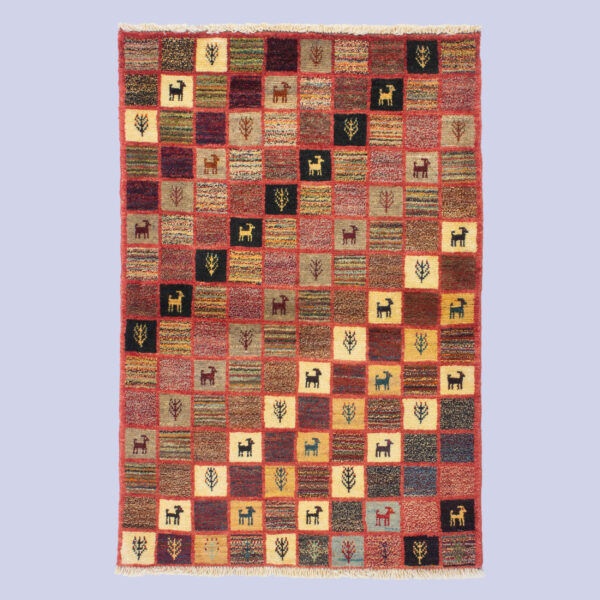 Genuine Persian Gabbeh Wool Rug Handwoven with Checkered Animal Motifs