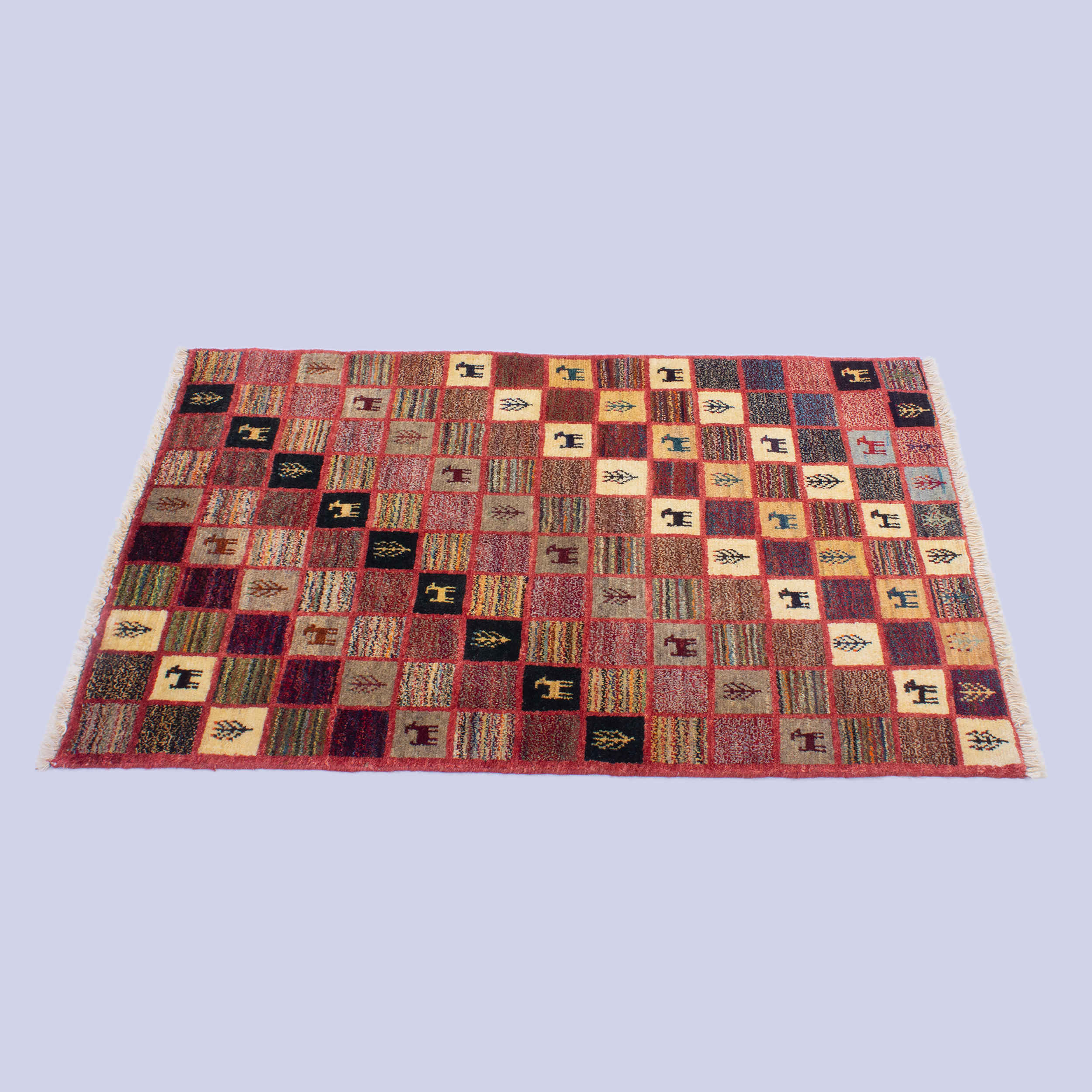 Genuine Persian Gabbeh Wool Rug Handwoven with Checkered Animal Motifs