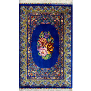 Genuine Persian Silk Carpet Hand-Knotted in Ghom Floral Blue