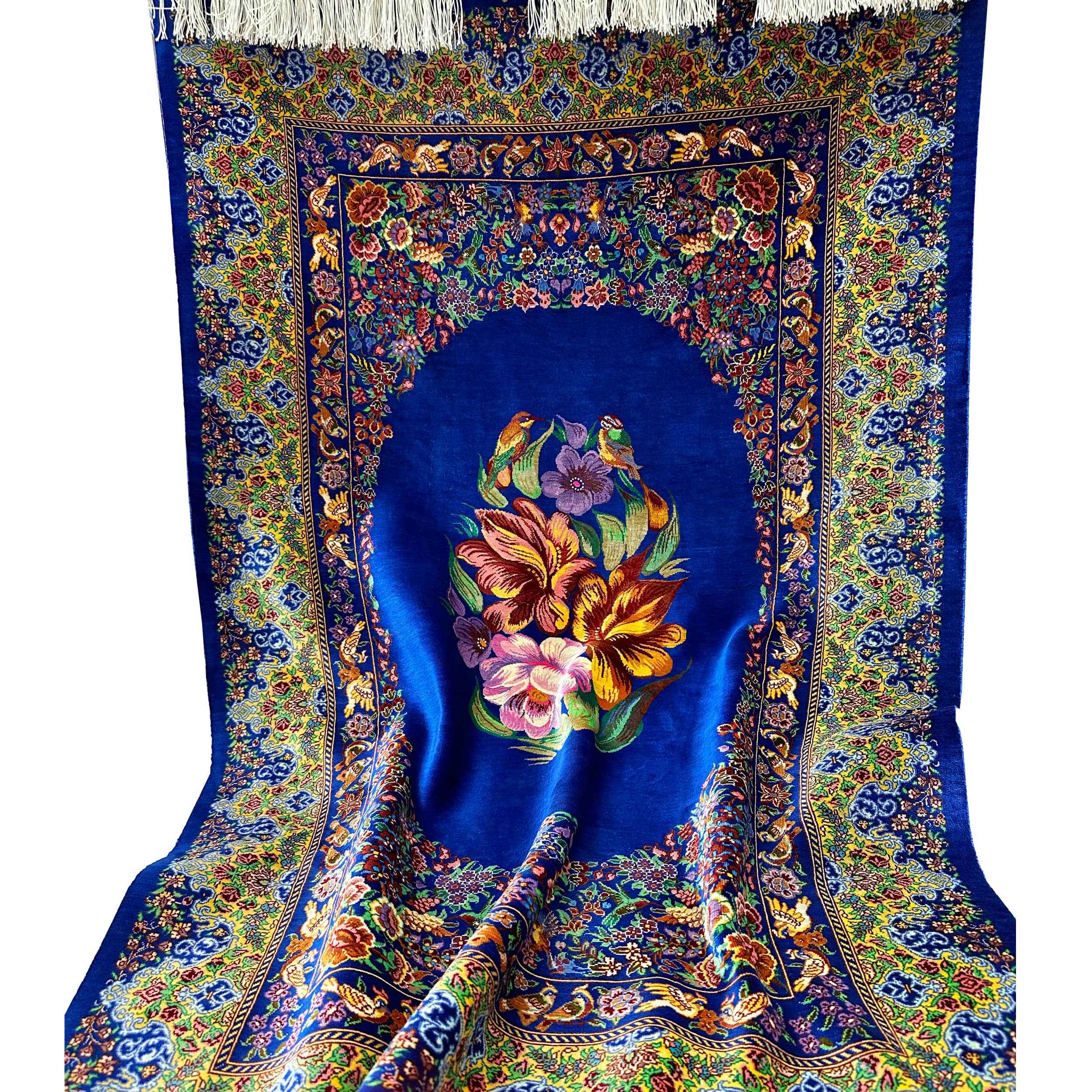 Genuine Persian Silk Carpet Hand-Knotted in Ghom Floral Blue