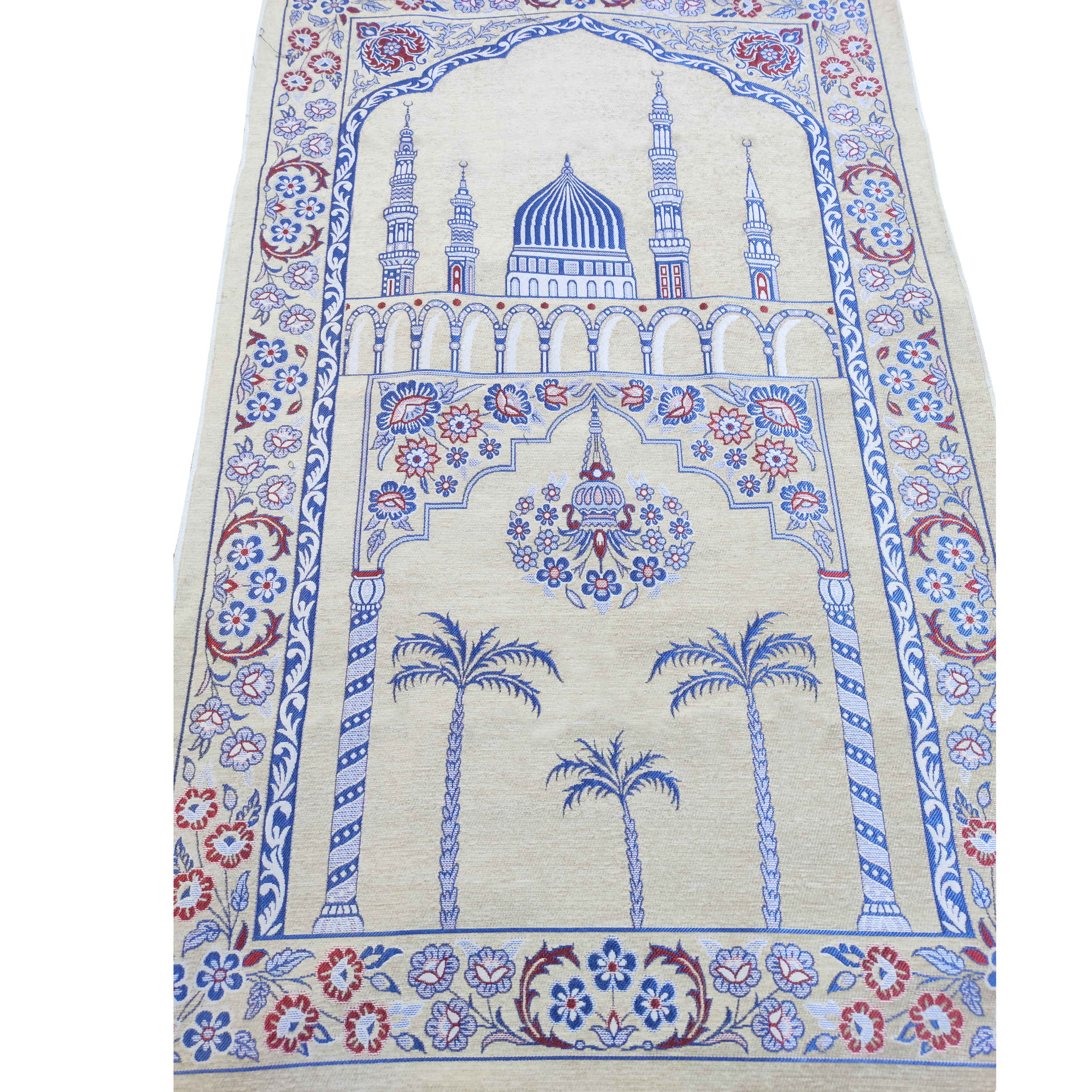 Islamic Prayer Mat Padded Sajadah in Velvet Minaret Cream & Blue