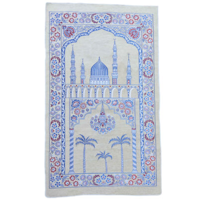 Islamic Prayer Mat Padded Sajadah in Velvet Minaret Cream & Blue