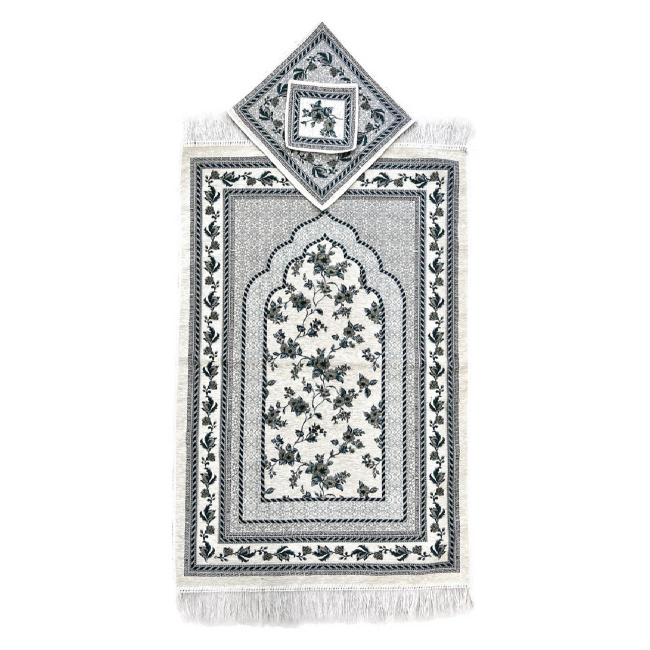 Islamic Prayer Mat Padded Velvet Sajadah Floral Design Gray