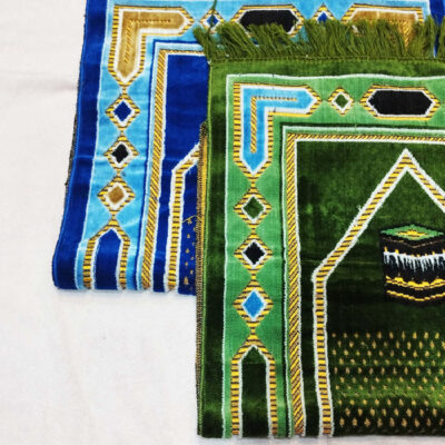 Islamic Prayer Rug Padded Sajadah in Velvet Kaaba Blue