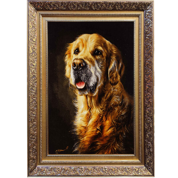Hand-Knotted Persian Pictorial Rug from Tabriz Depicting Golden Retriever