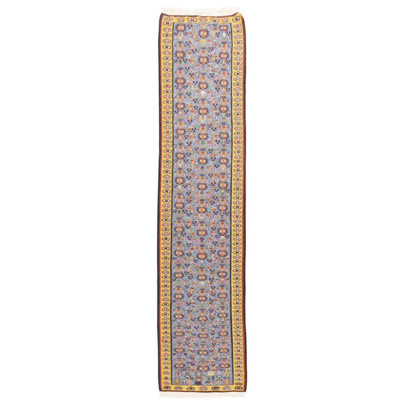 Genuine Persian Wool Kilim Runner Rug Handwoven in Sanandaj Blue