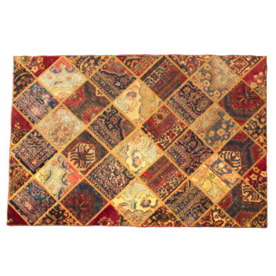 Vintage Persian Hand-Knotted Patchwork Carpet  Geometric Cream & Red