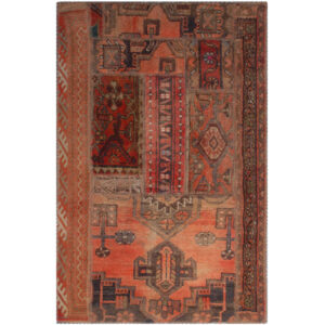 Persian Patchwork Rug Hand-Knotted Traditional Brick Red