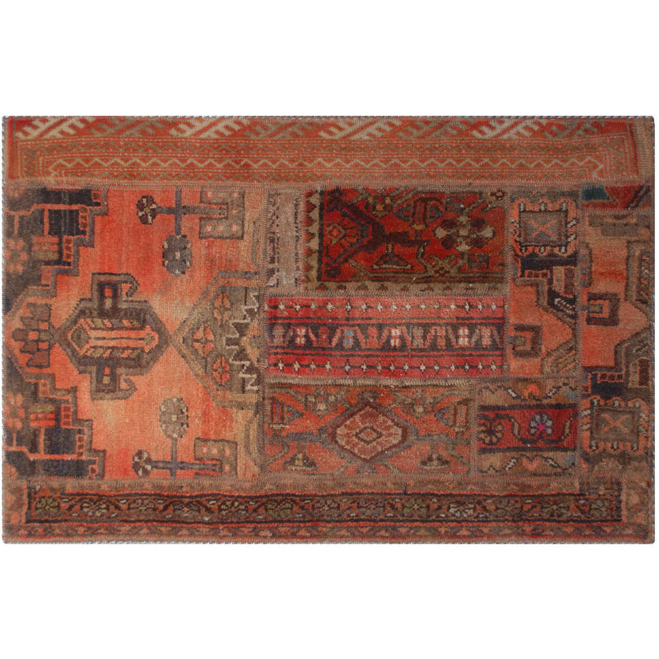Vintage Persian Hand-Knotted Patchwork Carpet Brick Red