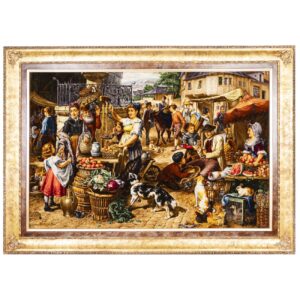 Persian Silk Carpet Wall Art Hand-Knotted in Tabriz Market Scene