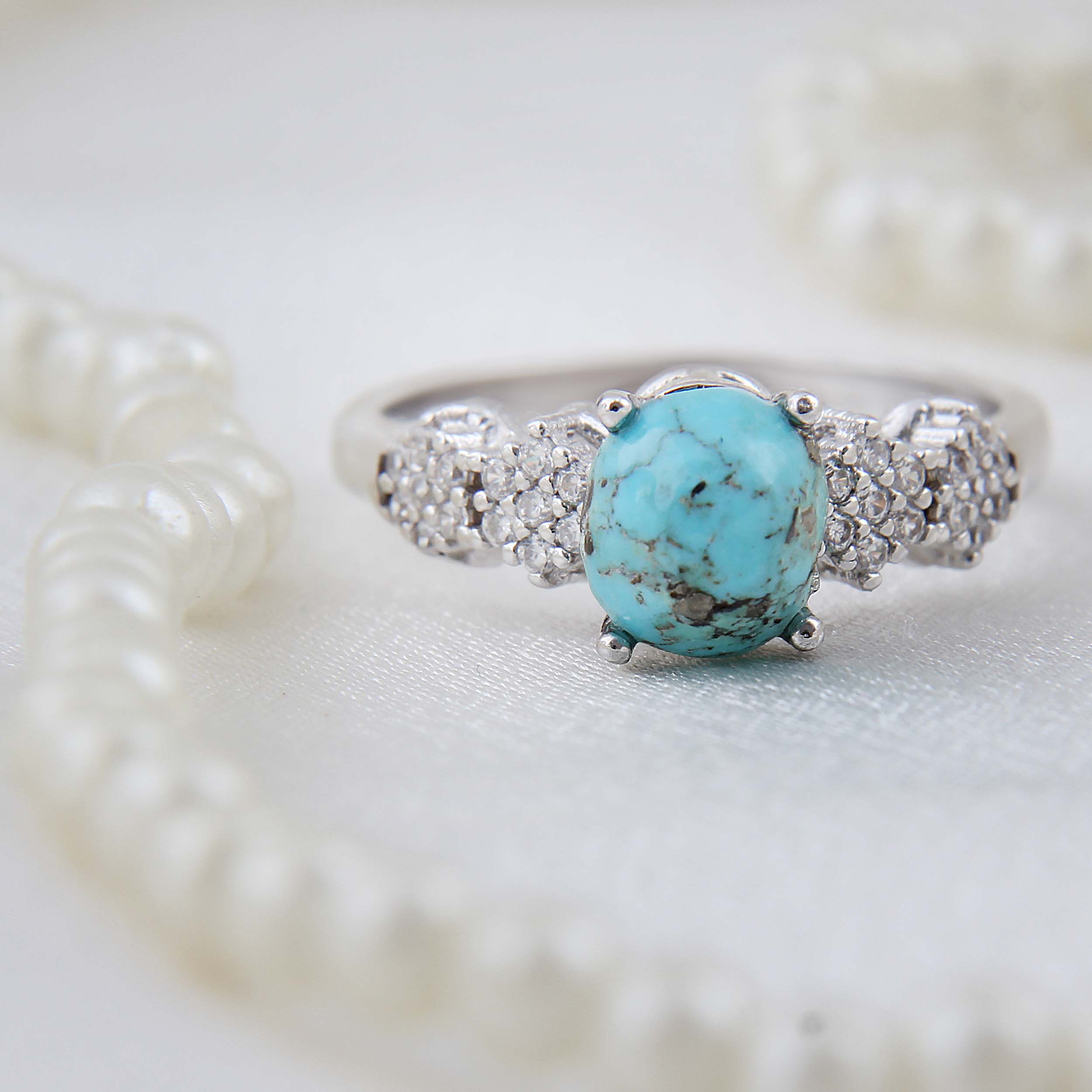Persian Silver Ring for Women with Neyshabur Turquoise Rhodium Plating
