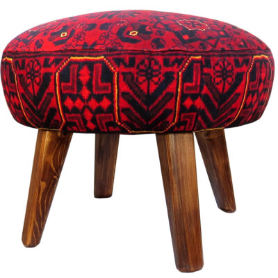 Traditional Red Persian Footstool with Wooden Legs and Velvet Fabric Artemis