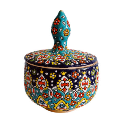 Handcrafted Persian Pottery Sugar Bowl with Lid – Minakari Enameled Artistic Blue