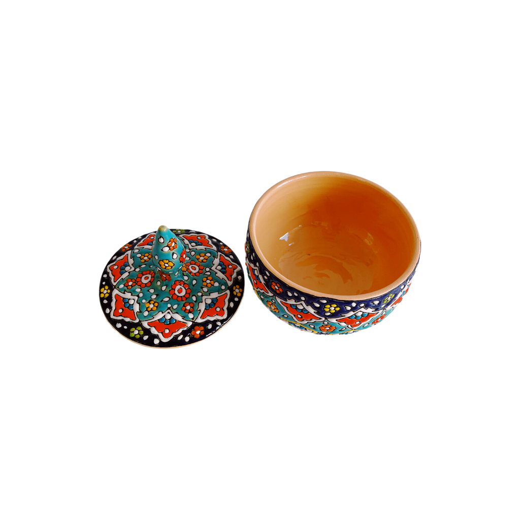 Handcrafted Persian Pottery Sugar Bowl with Lid – Minakari Enameled Artistic Blue